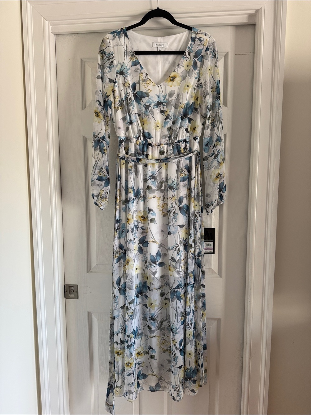 Nine West White Floral V-Neck Maxi Dress with Blue and Yellow Accents